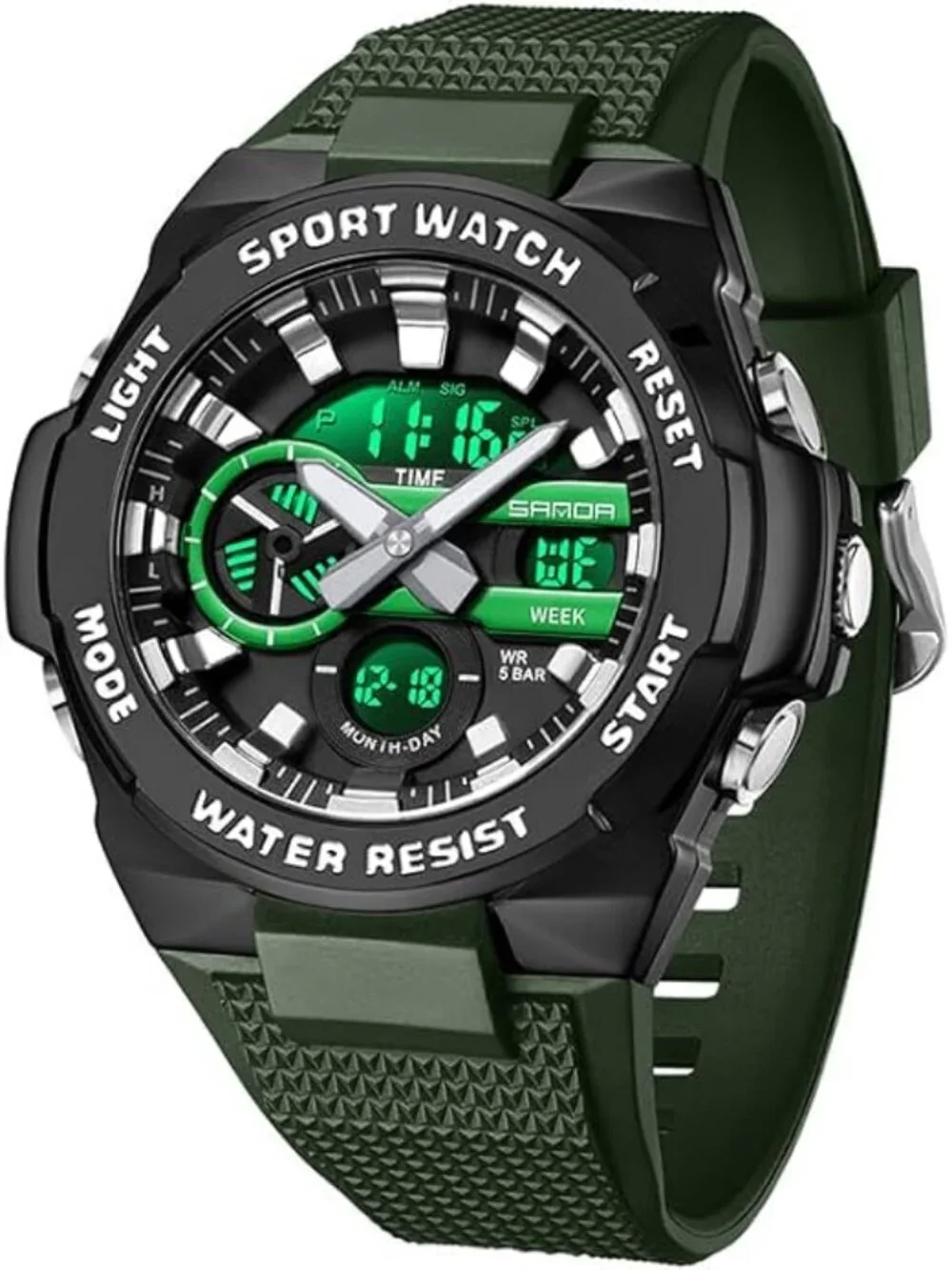 Men's Green White Analog Quartz Electronic Military Multifunction Digital Watch